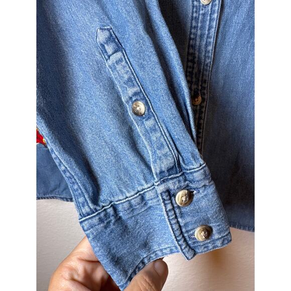 Holiday Editions Harvest Fall Autumn Embroidered Leaves Denim Button Down Shirt - Picture 7 of 7